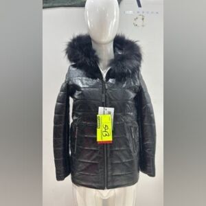 Ottimo Leather Black Puffer Jacket with Faux Fur Hood